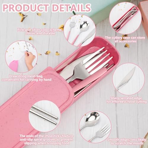 JEPELUS 10Pcs Pink Travel Cutlery Set with Case, Lunch Box Utensils