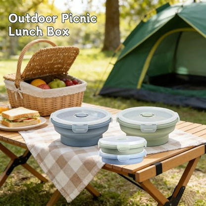 Silicone Collapsible Food Storage Containers-Prep/Storage Bowls with Lids – Set of 2 Round Silicone Lunch Containers – Microwave and Freezer Food Containers (550ML,Green Blue)