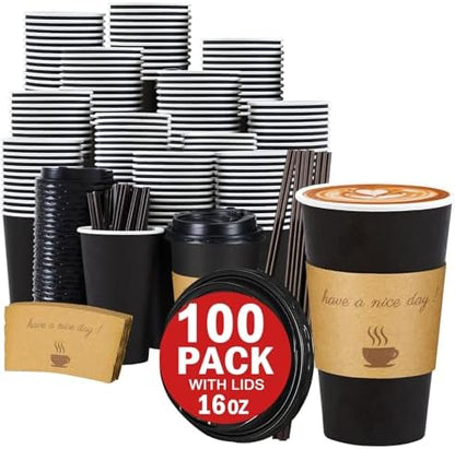 Lamosi 100 Pack 16 oz Coffee Cups, Disposable To Go Paper Cups with Lid