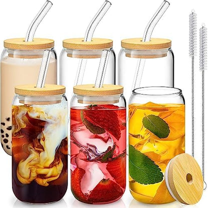 16 Oz Drinking Glasses - 6 Pcs Glass Cups with Bamboo Lids and Straws