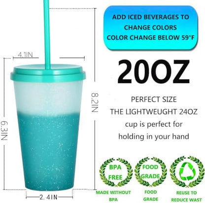 Color Changing Cups, 5 Pack 24oz Plastic Tumblers, Reusable Iced Coffee & Smoothie Cups with Lids and Straws for Parties and Travel (Bright, 24 Pcak)