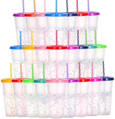 Color Changing Cups, 24 Pack 24oz Plastic Tumblers, Reusable Iced Coffee & Smoothie Cups with Lids and Straws for Parties and Travel (Rainbow, 24 Pcak)