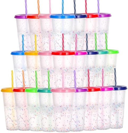 Color Changing Cups, 24 Pack 24oz Plastic Tumblers, Reusable Iced Coffee & Smoothie Cups with Lids and Straws for Parties and Travel (Rainbow, 24 Pcak)