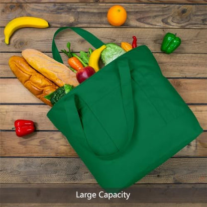 TOPDesign 3-Pack Canvas Tote Bags with an External Pocket, Reusable Grocery Shopping Bags, Top Zipper Closure, Daily Essentials (Green)