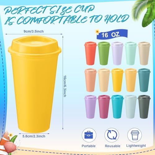 Honeydak 45 Pack 16 oz Reusable Coffee Cups with Lids Water Bottle Iced Coffee Travel Mug Reusable Portable Plastic Tea Tumblers Bulk for Hot and Cold Drinks Birthdays Party(Classic,Macaron Color)