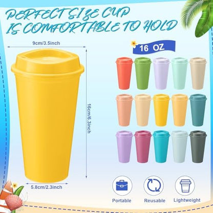 Honeydak 45 Pack 16 oz Reusable Coffee Cups with Lids Water Bottle Iced Coffee Travel Mug Reusable Portable Plastic Tea Tumblers Bulk for Hot and Cold Drinks Birthdays Party(Classic,Macaron Color)