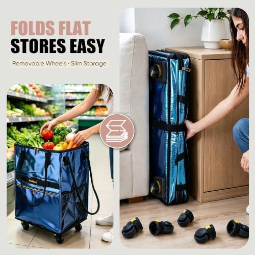 PASMAN Reusable Foldable Rolling Grocery Bag on 5 Wheels,Large, Silver