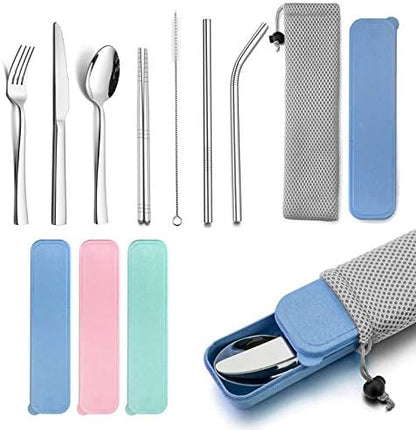 HaWare Portable Travel Utensils with Case, Stainless Steel Silverware Set for Camping Office School Lunch, Including Knife Fork Spoon Chopsticks, Reusable and Dishwasher Safe(Blue)