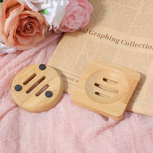 Ymapinc 2-Pack Bamboo Soap Holder, Round+Square for Home Shower Bathroom
