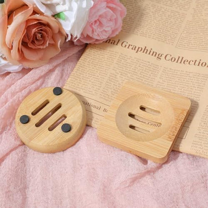 Ymapinc 2-Pack Bamboo Soap Holder, Round+Square for Home Shower Bathroom