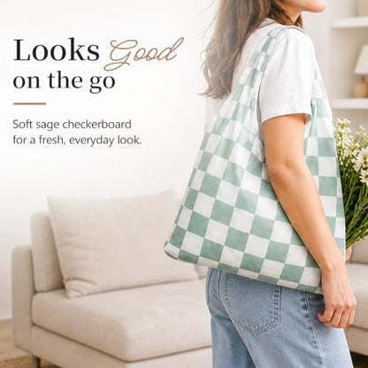Checkered Reusable Grocery Shopping Bags 4 Packs, Cute Checkerboard Foldable Kitchen Large Nano Tote Bags