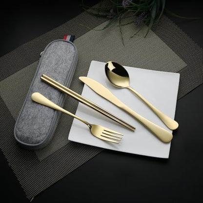 DEVICO Travel Utensils with Case, 5 Piece Portable Silverware Set for Work