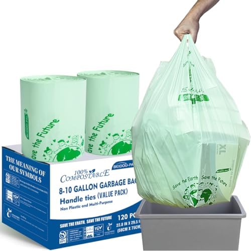 BEIDOU-PAC 8-10 Gallon Compostable Trash Bags, 120 Count, Compost Bags Kitchen Trash Bags with Handle, Sturdy Garbage Bags Food Scrap Waste Bags, ASTM D6400, US BPI Certified