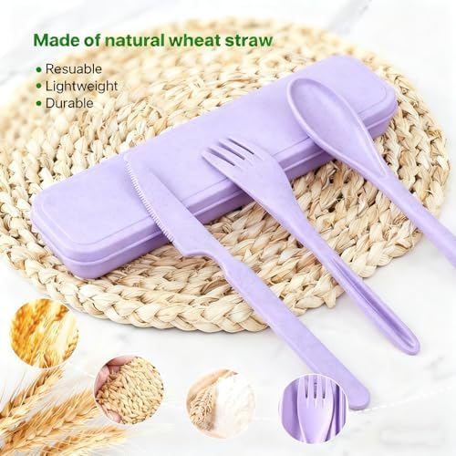 Travel Utensils with Case, Camping Utensil Sets, Wheat Straw Portable Knife Fork Spoons Tableware, Reusable Utensils for Lunch Box (Purple)