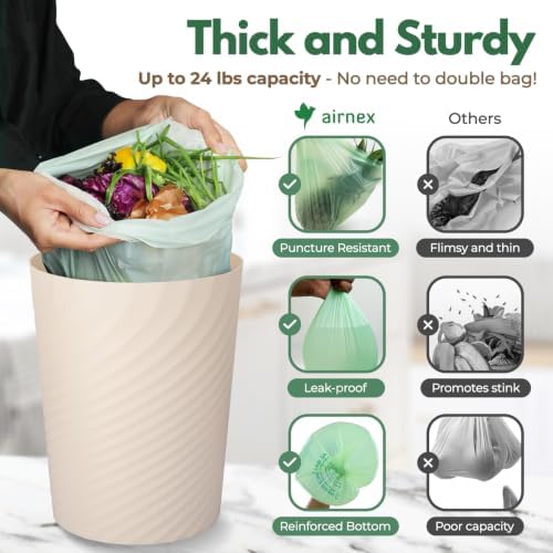 AIRNEX Small Compost Bags 2.6 Gal - 50 Compostable Kitchen Trash Bags for Countertop Bin - Cornstarch Leakproof & Tear-Resistant - OK Compost Home & Seedling Certified 0.18 mm Kitchen Garbage Bags