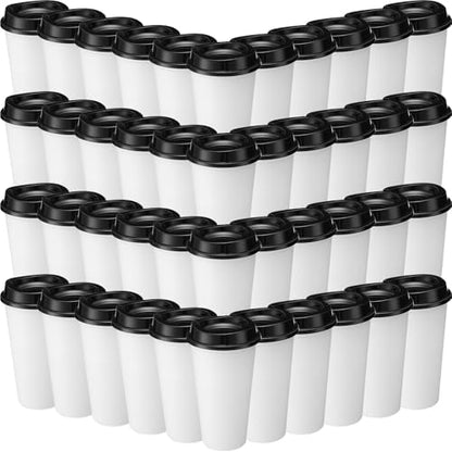 Honeydak 45 Pack 16 oz Reusable Coffee Cups with Lids Water Bottle Iced Coffee Travel Mug Reusable Portable Plastic Tea Tumblers Bulk for Hot and Cold Drinks Birthdays Party(Classic,White with Black)