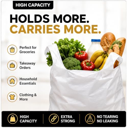 Reusable Heavy Duty White Plastic Shopping Bags with Handles, T-Shirt Grocery Carrier Bags, 12 x 18 x 24 Inch, HDPE Retail, Convenience Store & Takeout Bags, 1000 Pack