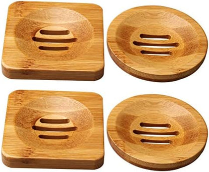 SUMAJU 4 Pcs Wooden Soap Holders Bathroom Soap Dish Natural Bamboo Soap Holder Square & Round Soap Dishes for Home Bathroom