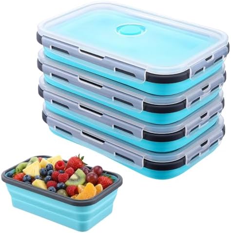 4 Pack 40oz Collapsible Food Storage Containers Marinating Container with Lid Foldable Silicone Kitchen Bowls Microwave Freezer Dishwasher Safe, Blue