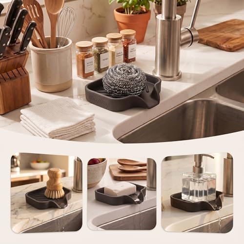 MicoYang Silicone Soap Dish with Drain Spout, Self-Draining Sink Organizer Tray for Bathroom and Kitchen, Sponges, Dispensers and Soap Holder, Non-Slip and Dishwasher Safe, Coffee (Compact, 4.9"×3.2")