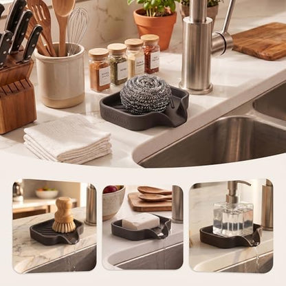MicoYang Silicone Soap Dish with Drain Spout, Self-Draining Sink Organizer Tray for Bathroom and Kitchen, Sponges, Dispensers and Soap Holder, Non-Slip and Dishwasher Safe, Coffee (Compact, 4.9"×3.2")
