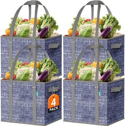Fab totes Reusable Grocery Bags, Large Foldable Shopping Tote Bags with Reinforced Handles & Hard Bottom,4 Pack,Blue