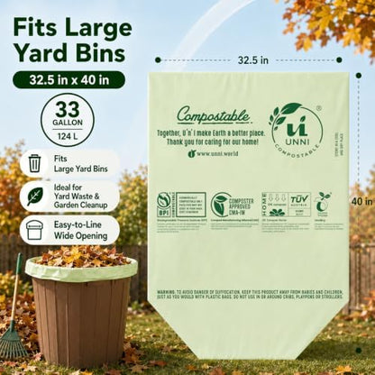 UNNI 30-33 Gallon Compostable Bags, 20 Count, 124 L, Extra Thick 1.1 Mil