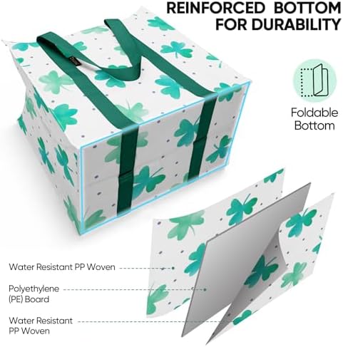 BALEINE 4 PK Grocery Bags Reusable Shopping Bags with Reinforced Bottom, Heavy Duty Foldable Tote Bags (Clover)