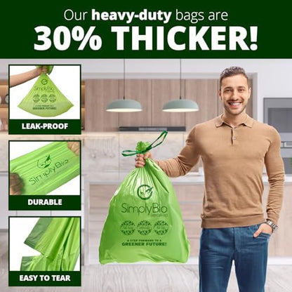 Simply Bio 13 Gallon Compostable Organic Bags Liners Drawstring, Heavy Duty Extra Thick 1 Mil, 49.21 Liter, 30 Bags, Tall Kitchen Food Scrap Waste Bag, ASTM D6400, US BPI and OK Compost Home Certified