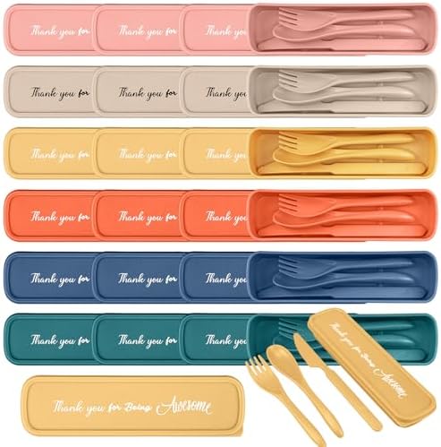 24 Pack Reusable Travel Utensils Set Case Thank You for Being Awesome Appreciation Gifts Bulk for Employee Coworker Student Portable Lunch Utensils Wheat Straw Fork Spoon Knife for Picnic(Light Color)