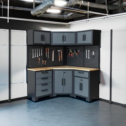 Corner Workshop Set - Garage Cabinets and Storage System with Corner Cabinet, Cabinet Drawers, Workbench, Pegboard for Tool Organization - Black and Grey