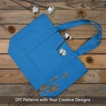 TOPDesign 6-Pack Canvas Tote Bags with an External Pocket, Reusable Grocery Shopping Bags, Top Zipper Closure, Daily Essentials (Ocean Blue)