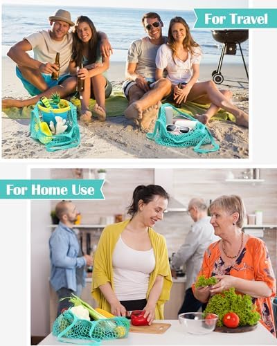Eccliy 12Pcs Reusable Cotton Mesh Grocery Bag with Handle, Teal, 10 in