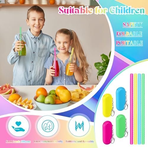 Meanplan 4 Sets Reusable Straws Travel Case Brush Silicone,Neon Colors