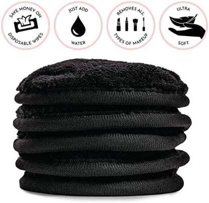 S&T INC. Makeup Remover Wipes for Skin Care with Laundry and Storage Bag, Reusable Makeup Wipes or Face Towels, Travel Essentials, Black, 4 In. Diameter, 5PK