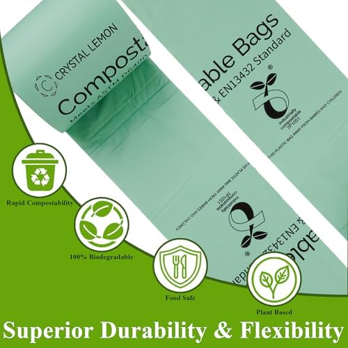 C Crystal Lemon 50 Count Biodegradable Kitchen Food Waste Bags - 6 Gallon Scraps Bags - Heavy Duty Compostable Waste Bags for Kitchen - Unscented Trash Bags 6 Gallon for Yard, Food (Pack of 2)