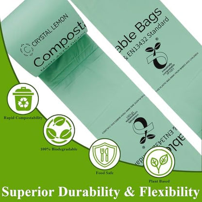 C Crystal Lemon 50 Count Biodegradable Kitchen Food Waste Bags - 6 Gallon Scraps Bags - Heavy Duty Compostable Waste Bags for Kitchen - Unscented Trash Bags 6 Gallon for Yard, Food (Pack of 2)