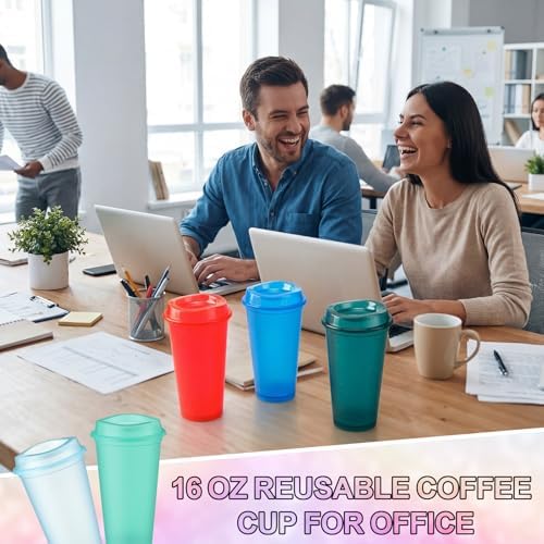 Honeydak 45 Pack 16 oz Reusable Coffee Cups with Lids Water Bottle Iced Coffee Travel Mug Portable Plastic Tea Tumblers Bulk for Hot and Cold Drinks Birthdays Party (Fluorescent Color,Stylish)