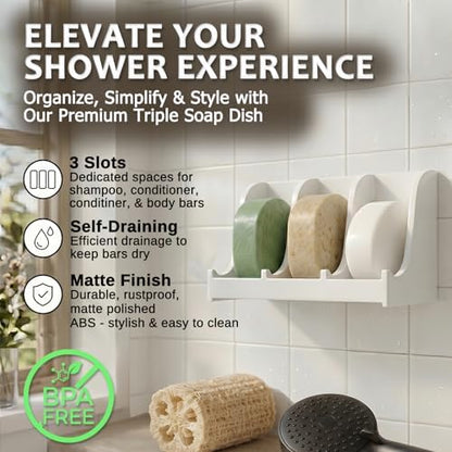 Soap Holder for Shower Wall, 3-Compartment Soap Dish [Patent Pending]