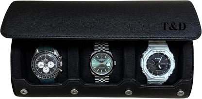 DailyWatch | Personalized Watch Roll Travel Case For 3 Watches - Handmade Genuine Leather Travel Case With Custom Engraving of Name or Initials - All Black