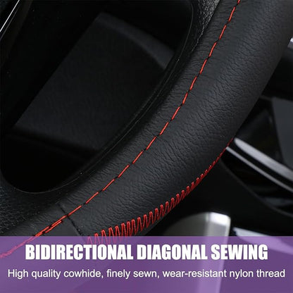 BELOMI Car Steering Wheel Cover, Anti Slip Leather Breathable Vehicle Protector, Comfortable Grip Automotive Interior Protective Guard Accessories, Universal for SUV, Sedan, Truck (Black/Red)