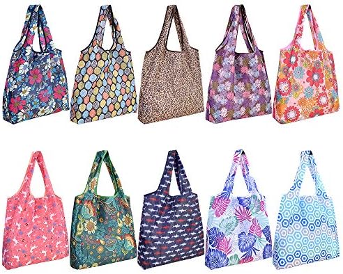 Reusable Grocery Shopping Bags 6|10 Pack, Foldable Tote Bags, Machine Washable Nylon Shopping Totes for Groceries