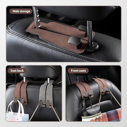Car Seat Back Storage Hook, 2026 New Two Hook Fur Leather Seat Back Headrest Hanger Genuine Leather Double Metal Hook for Backseat Organizer, Car Organization Accessories (4, Black)