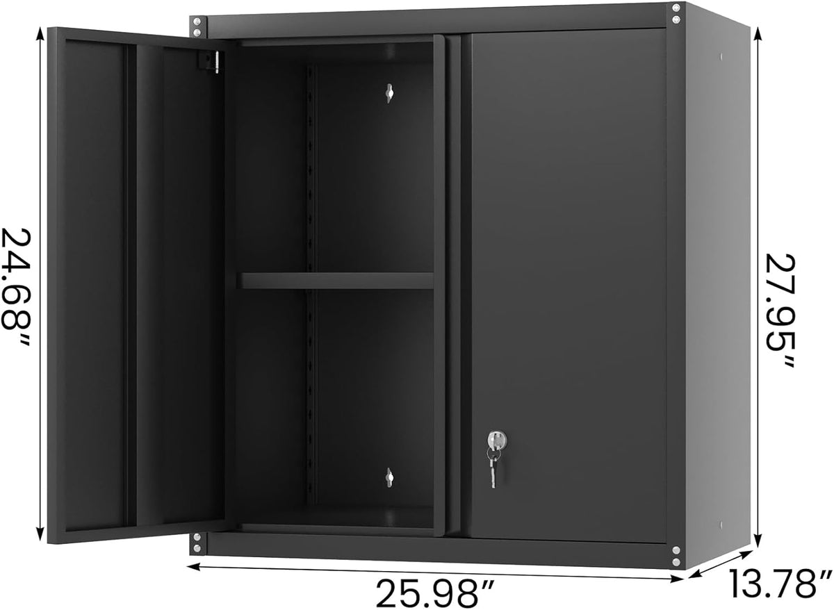 LUCYPAL Garage Storage Cabinet,27.95" H Metal Wall Cabinets with Locking Doors and Adjustable Shelves,Steel Hanging Storage Cabinet for Home Office,Kitchen,Basement,Black