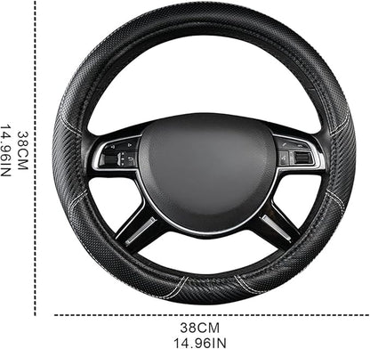 CAR-GRAND Carbon Fiber Steering Wheel Cover, Premium Breathable Leather Sporty Wheel Protection Interior Accessories Standard Size[14" 1/2-15"] Unviersal Fit for Truck SUV Sedans Vans, Black Leather