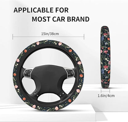 Wildflower Car Steering Wheel Cover - Multicolor Wildflower Steering Wheel Cover Anti-Slip Breathable Universal for 15 Inch Car 2 Pieces Coasters Suitable for Men Women