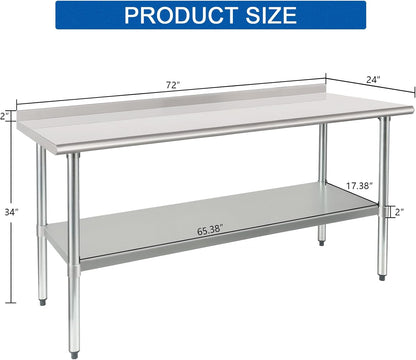 HARDURA Stainless Steel Table Prep & Work Table 24 x 72 Inches NSF Heavy Duty Commercial with Undershelf and Backsplash for Restaurant Kitchen Home and Hotel