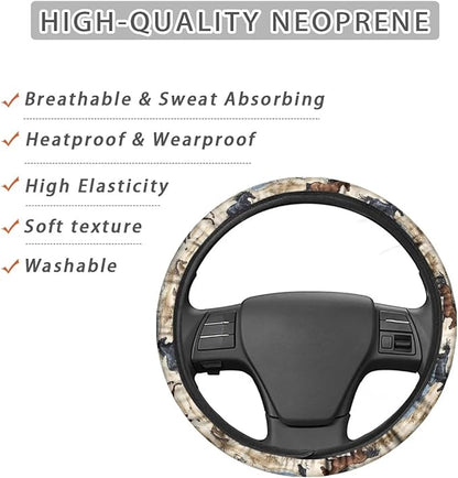 AFPANQZ Car Steering Wheel Covers White Sweat Absorption Comfort Grip, Horse Painting Universal 14-15 inch Stretch-on Fabric Keep Warm Steering Wheel Protector for Women