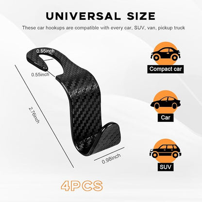 4PCS Car Seat Headrest Hook, Auto Back Seat Hanging Storage Organizer, Vehicle Seatback Hanger Holder for Purse Handbag Coat Umbrella, Universal Interior Car Accessories (Carbon Fibre Black)