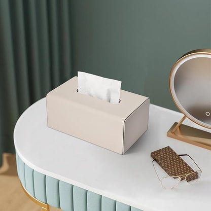 Tissue Box Cover, PU Leather Rectangular Tissue Box Holder with Magnetic Bottom Cover for Facial Tissues/Napkins, Office & Living Room Decor Box for Standard 120-count (3-Ply) 160-count (2-Ply) Beige